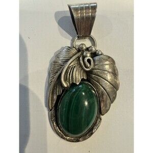 Vintage SS Signed Artist EJ Green Malachite Leaf Design 2 In 10.29g See Desc